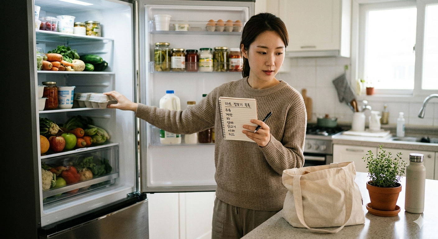 마트 장보기 전 확인하는 장면